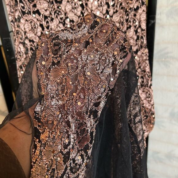 Candalite Petite Black Copper Lace Sequined Romantic Goth Maxi Dress PM - Picture 6 of 11